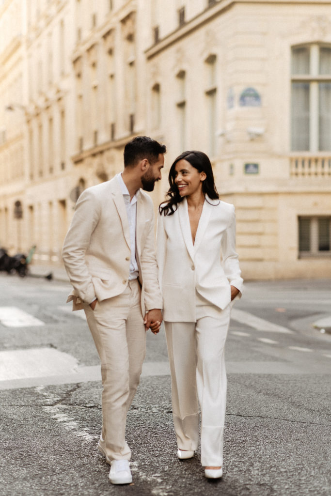 parisian street wedding photo bride suit