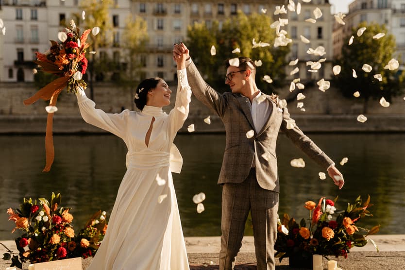 paris elopement wedding exit confetti flower petals
