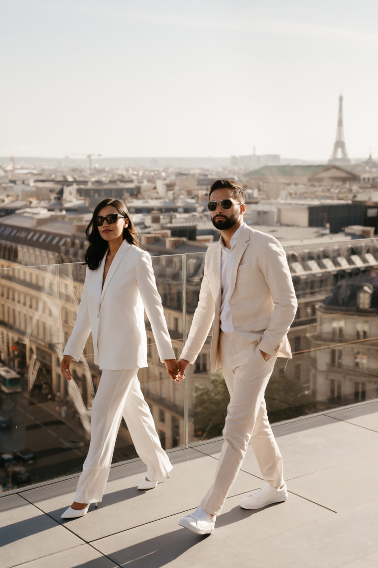 bride wearing suit paris wedding elopement eiffel tower view rooftop