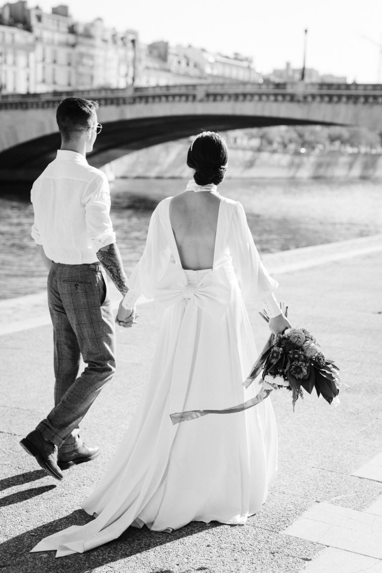 Paris Elopement By the seine black and white bride and groom