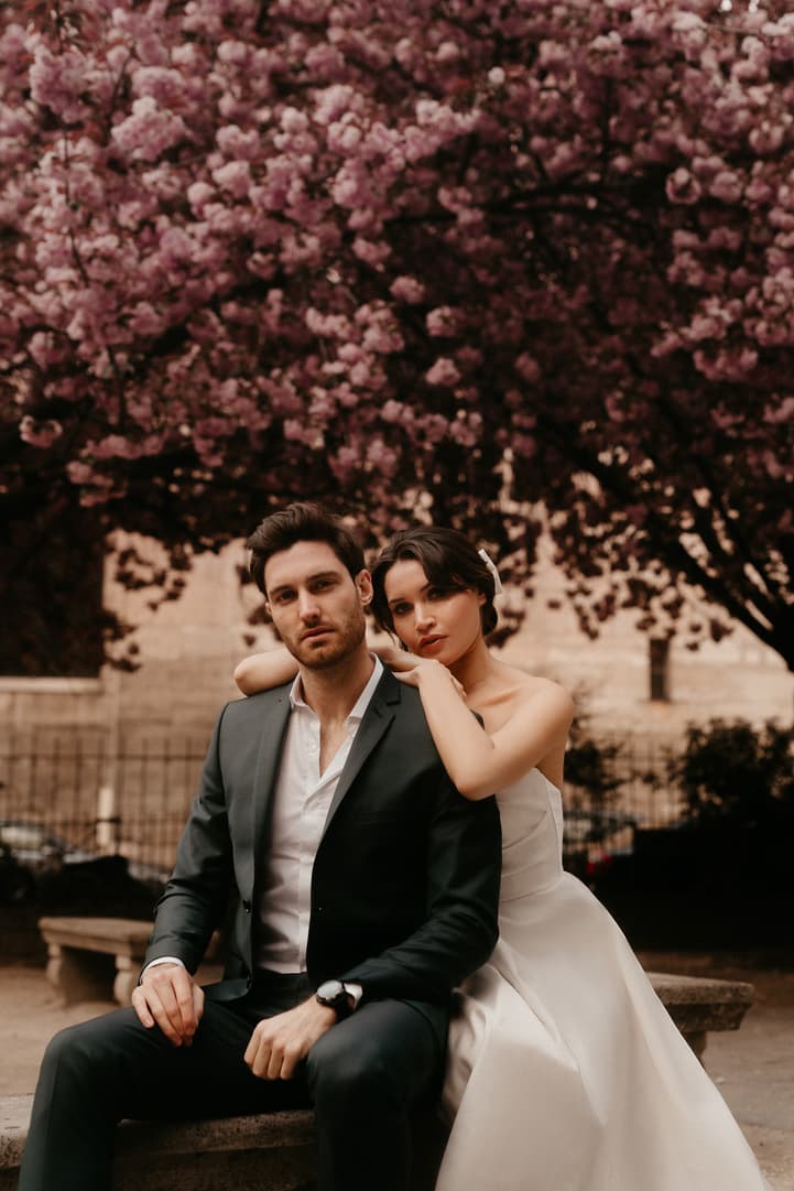 Cherry blossoms spring couple elopement wedding Paris street photoshoot