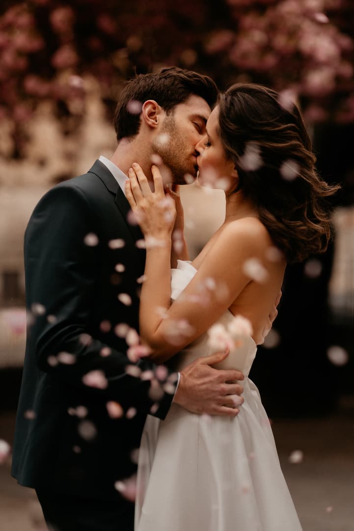 Cherry blossoms spring couple elopement wedding Paris street photoshoot