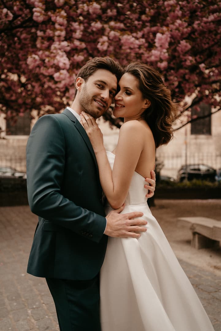 Cherry blossoms spring couple elopement wedding Paris street photoshoot