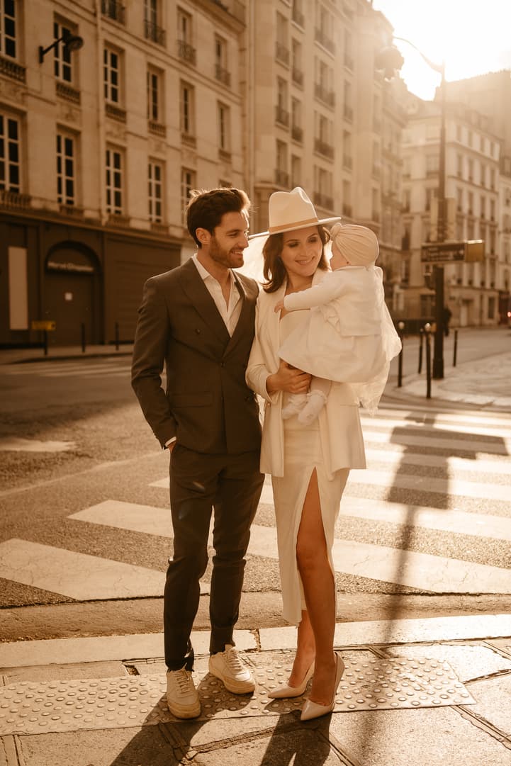 Family portrait with baby on Paris street