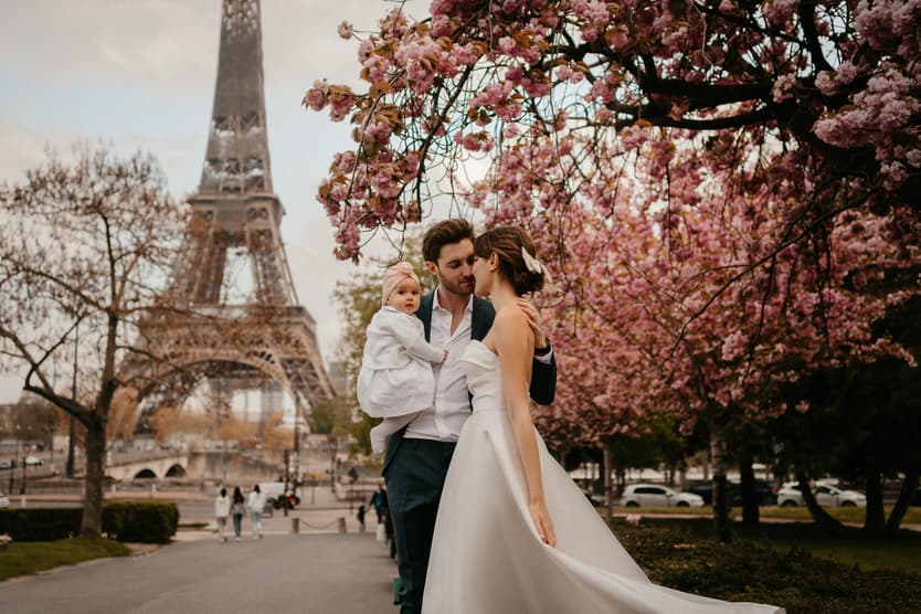 elopement wedding cherry blossom Paris with baby