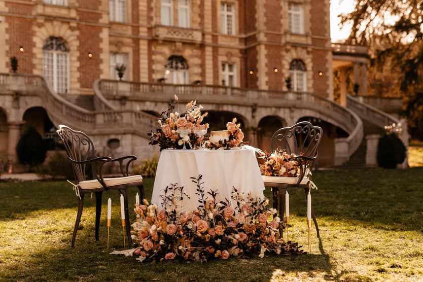 Chateau Bouffemont decoration intimate wedding at golden hour