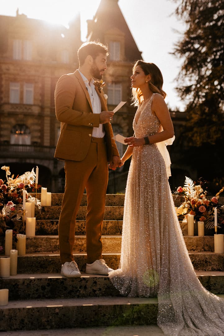 couple elopement castle wedding ceremony golden hour ideas