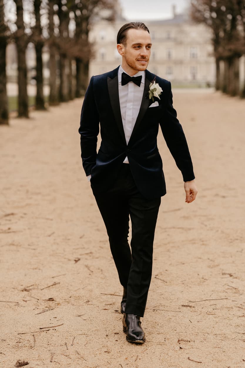 Groom in Winter wedding Suit wedding Elopement In Paris Luxembourg Garden