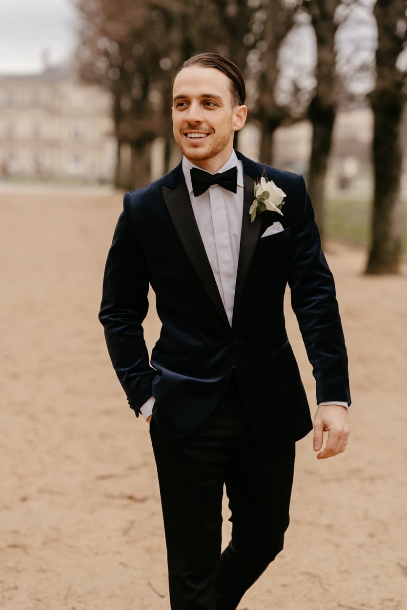 Groom in Winter wedding Suit wedding Elopement In Paris Luxembourg Garden
