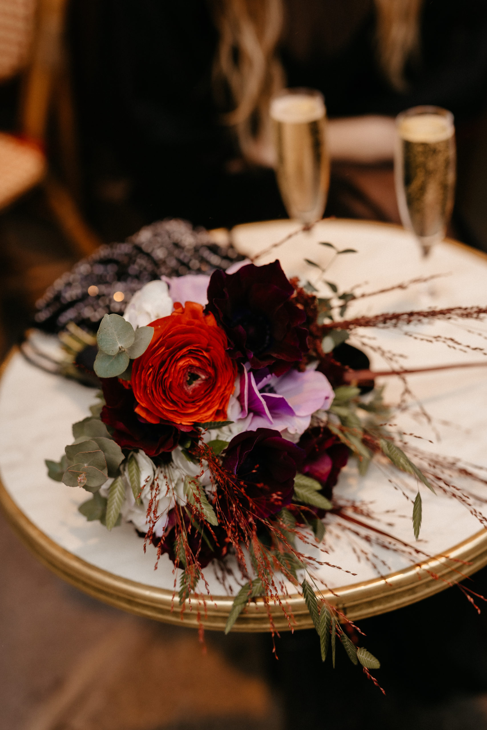 Romantic Bouquet Flower Details Wedding Elopement Pictures in Parisian café Autumn Time