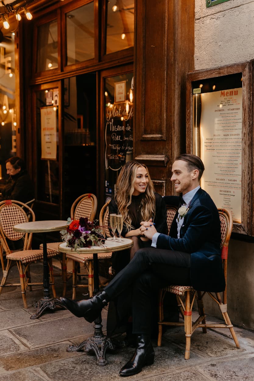 Romantic Bouquet Flower Details Wedding Elopement Pictures in Parisian café Autumn Time