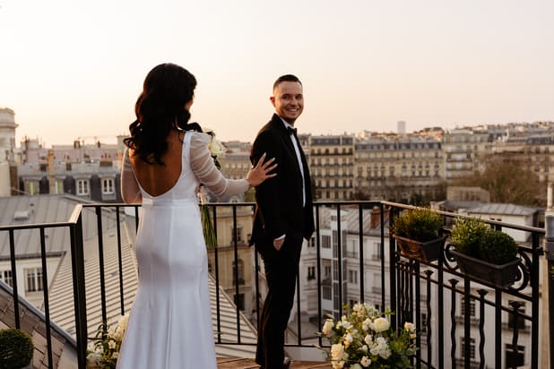 First Look Moment on a terrace with Eiffel Tower View