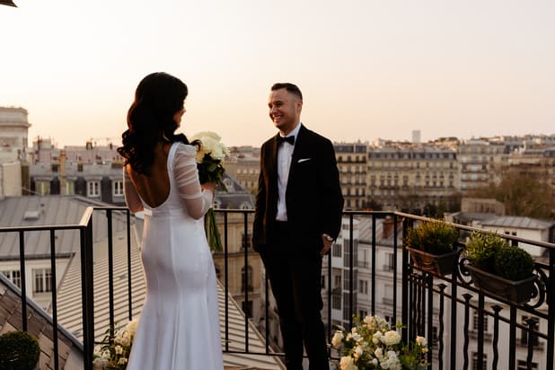 First Look Moment on a terrace with Eiffel Tower View