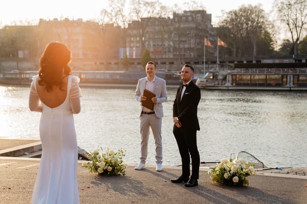Wedding Ceremony on the Seine with Eiffel Tower View