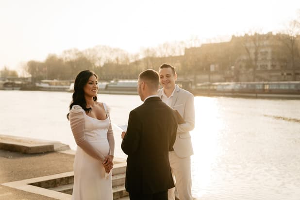 Wedding Ceremony on the Seine with Eiffel Tower View
