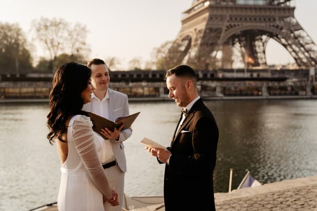 Wedding Ceremony on the Seine with Eiffel Tower View