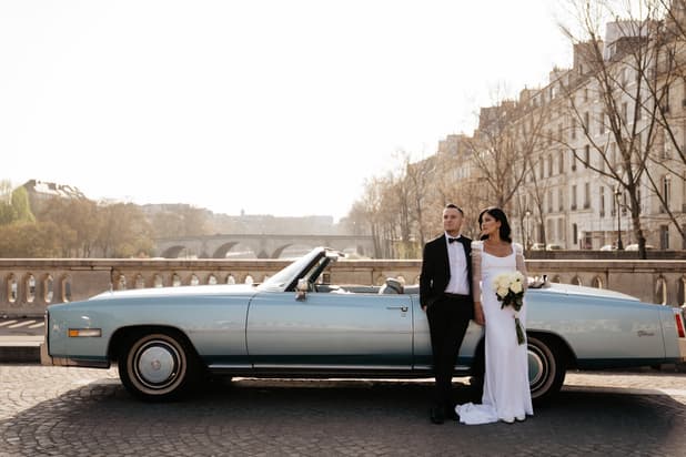 Couple's Wedding Elopement Photoshoot in Paris with Vintage Car