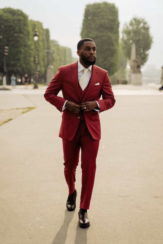 Groom Red Suit Elopement Photoshoot Paris