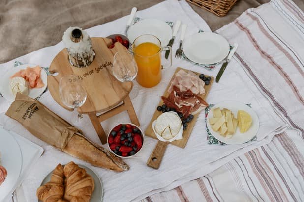 Romantic Picnic Setup for Wedding champagne cheese bread