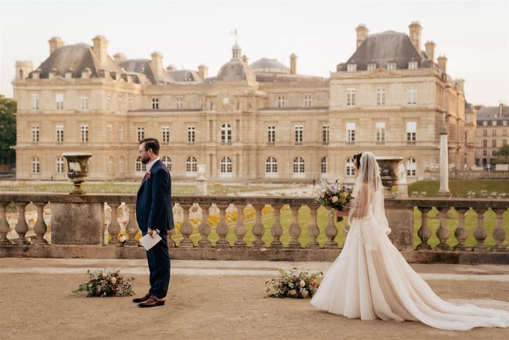 Bride and groom first look in Luxembourg gardens