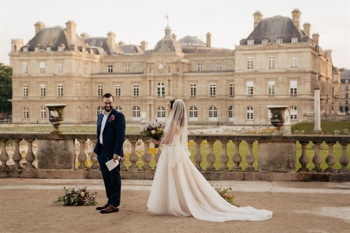 Bride and groom first look in Luxembourg gardens