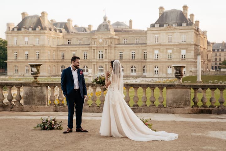 Bride and groom first look in Luxembourg gardens