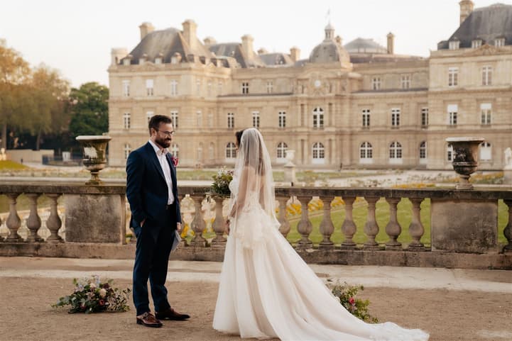 Bride and groom first look in Luxembourg gardens Paris
