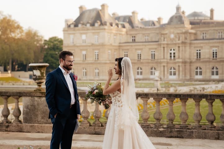 Bride and groom first look in Luxembourg gardens Paris