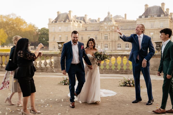 Petal toss Elopement ceremony Luxembourg Gardens Paris Sunrise