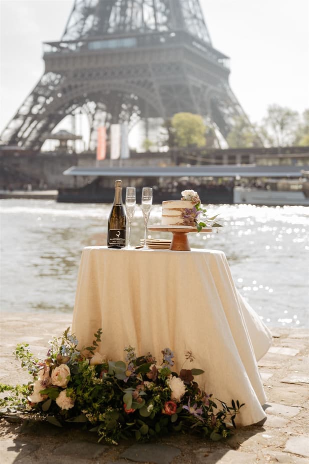 Wedding cake champagne elopement celebrations with Eiffel Tower View