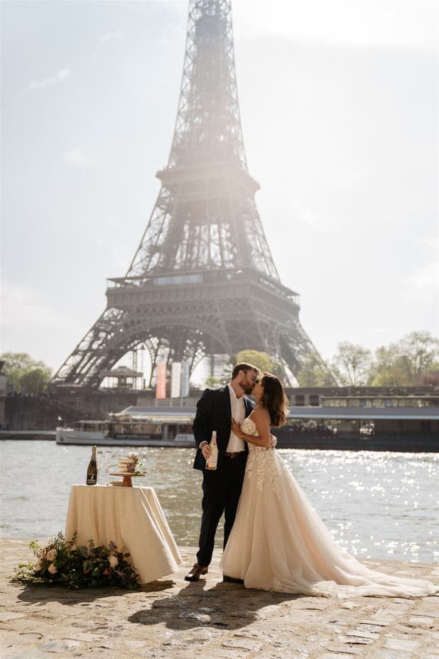 Popping champagne celebration elopement wedding photoshoot