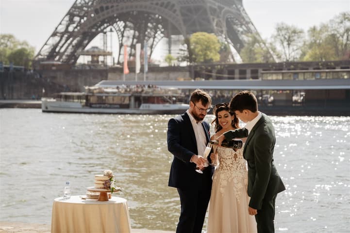 Popping champagne celebration elopement wedding photoshoot