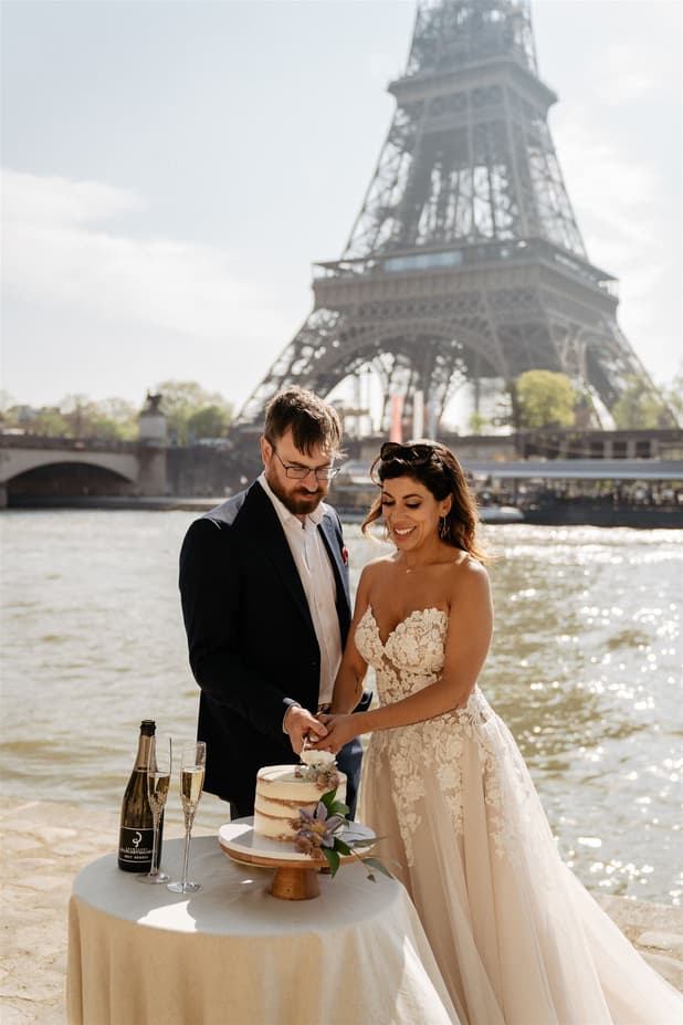 Wedding cake + champagne with Eiffel Tower view Wedding