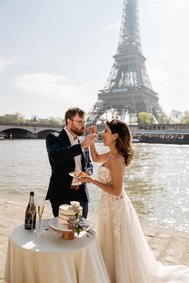 Wedding cake + champagne with Eiffel Tower view Wedding