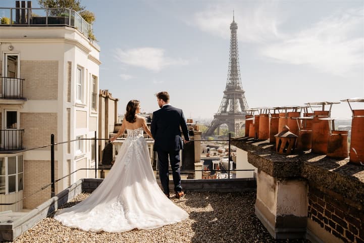 Couple portraits wedding elopement shoot terrace Eiffel Tower view