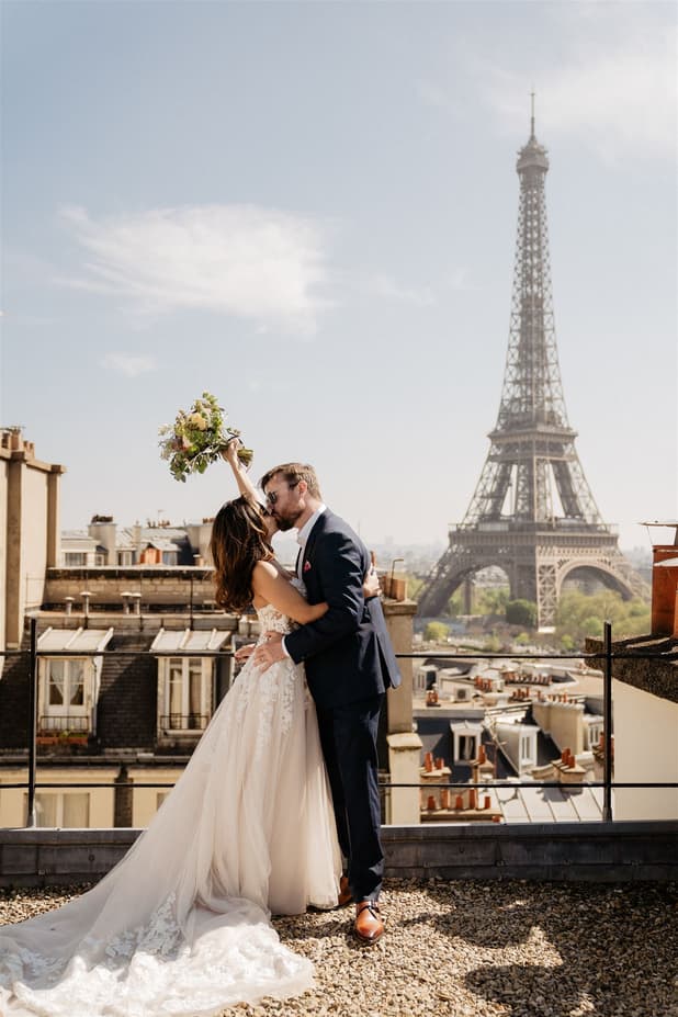 Couple portraits wedding elopement shoot terrace Eiffel Tower view