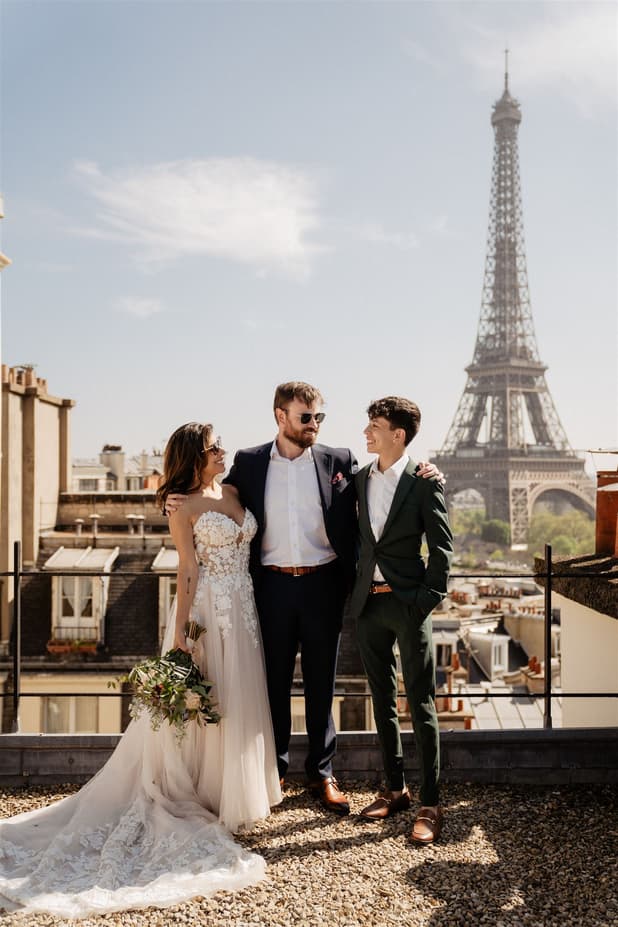 Couple portraits wedding elopement shoot terrace Eiffel Tower view