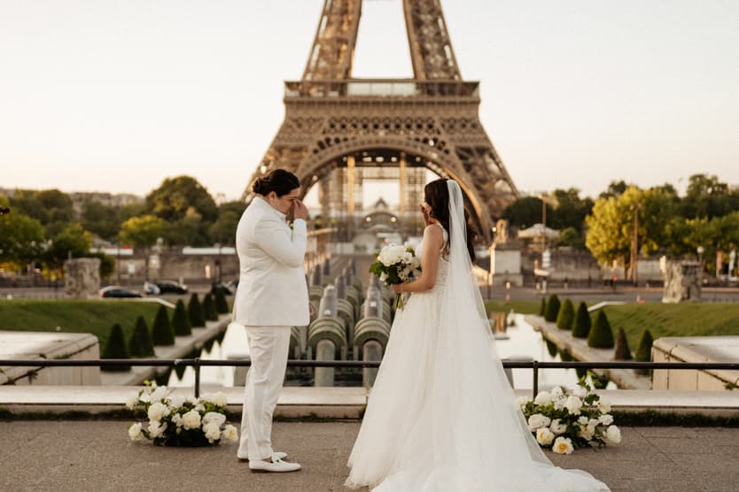 gay wedding elopement ceremony eiffel tower First look
