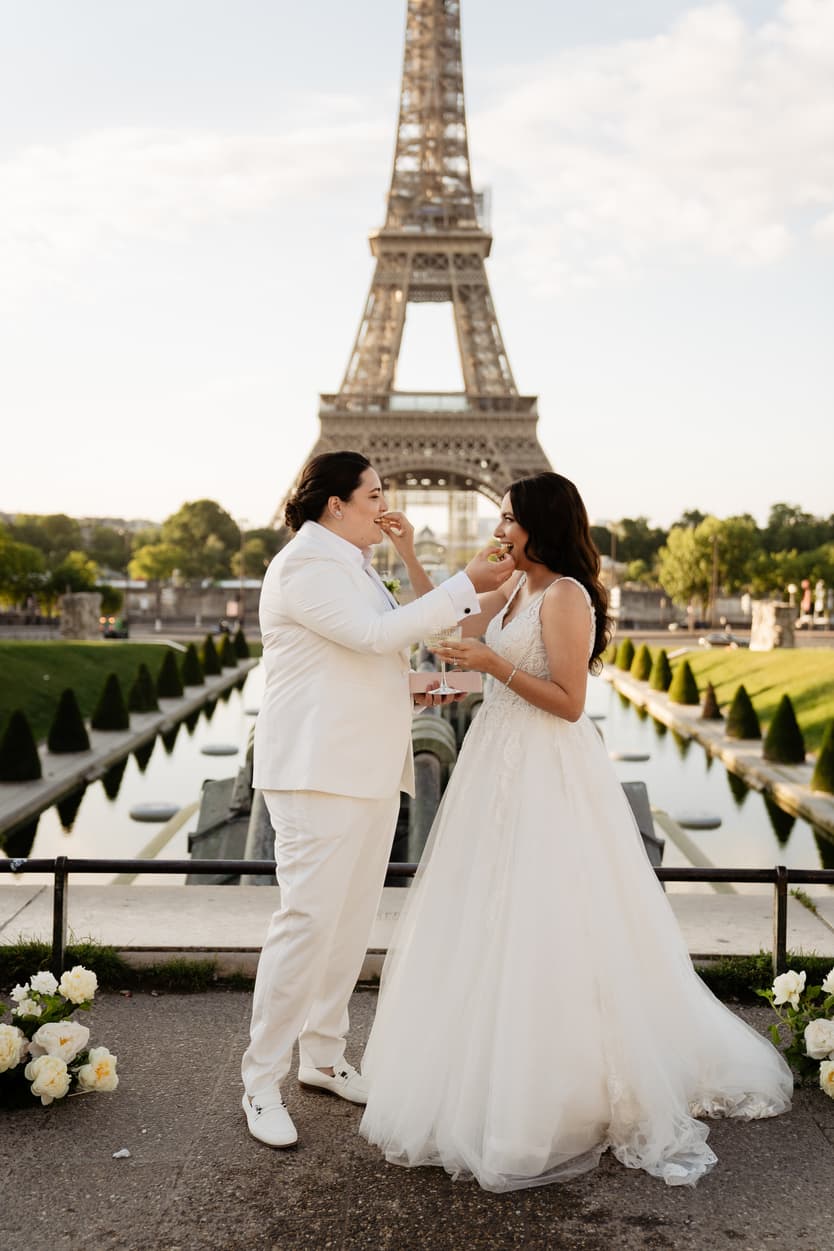 LGBTQ wedding elopement ceremony eiffel tower Champagne pop