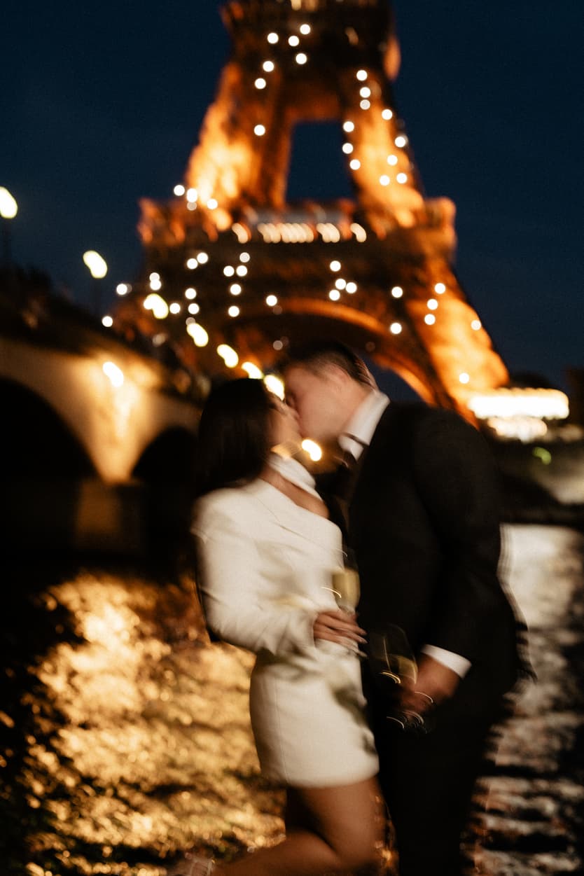 Paris Elopement Packages Elopement Photographer Videographer couple Eiffel Tower night