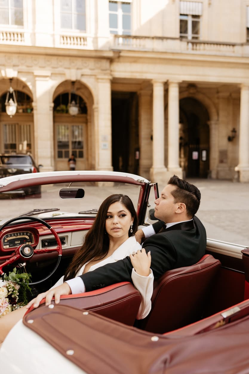 Paris Elopement Packages Elopement Photographer Videographer vintage car couple