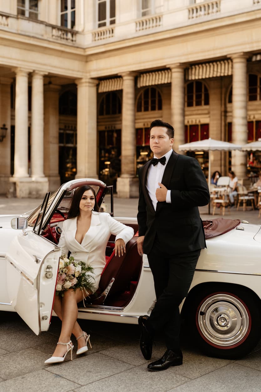 Paris Elopement Packages Elopement Photographer Videographer vintage car couple