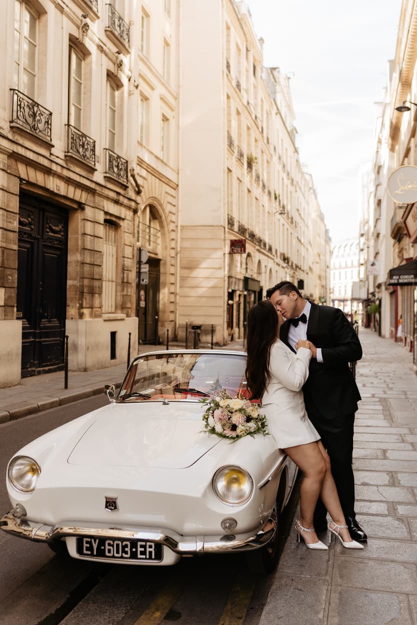 Paris Elopement Packages Elopement Photographer Videographer vintage car couple