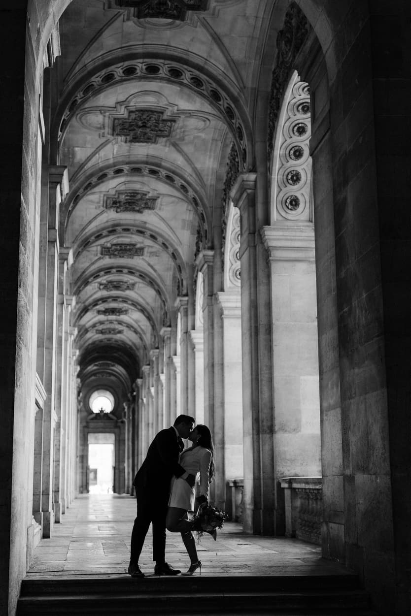 Paris Elopement Packages Elopement Photographer Videographer Louvre hallway couple 