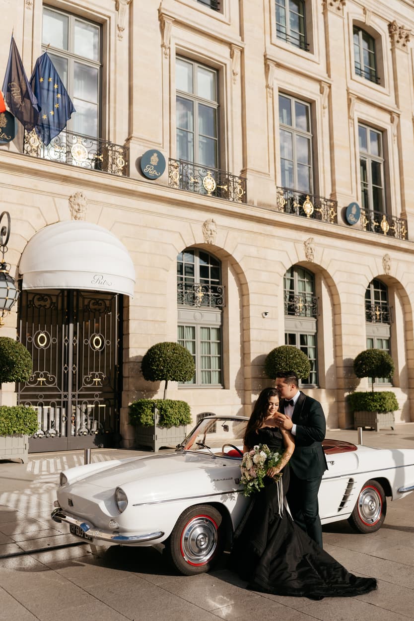 Paris Elopement Packages Elopement Photographer Videographer Ritz Paris vintage car couple