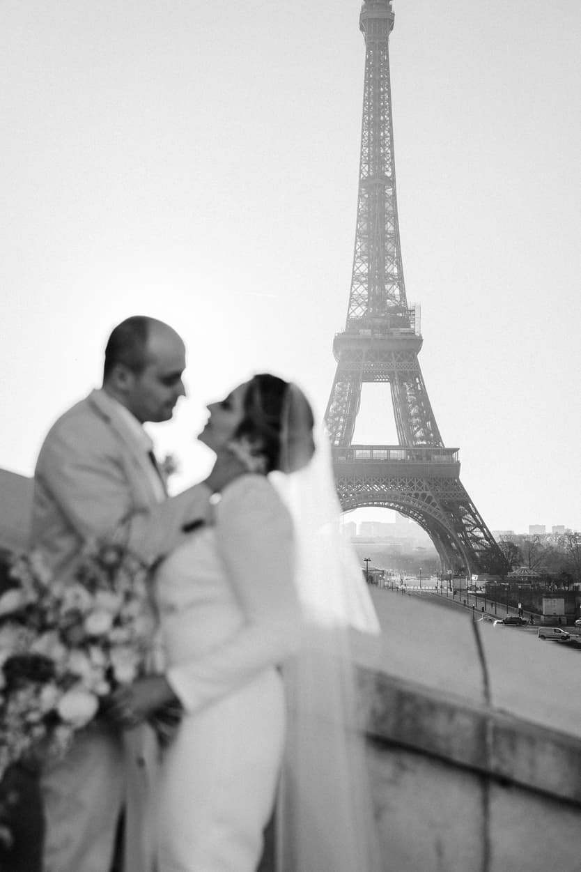 Paris Elopement Packages Elopement Photographer Videographer winter elopement couple eiffel tower view 