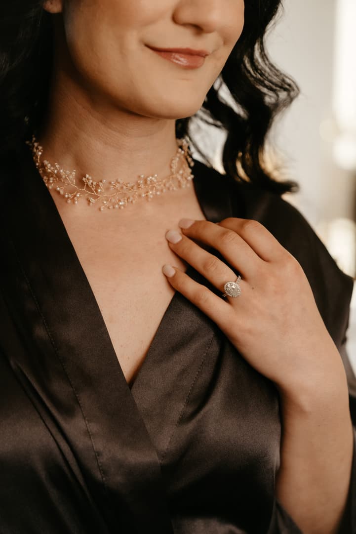 Destination Purple wedding elopement at Shangri-La Hotel Paris Bride's preparation necklace 