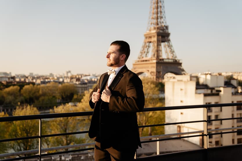 Destination purple wedding elopement at Shangri-La Hotel Paris groom's preparation