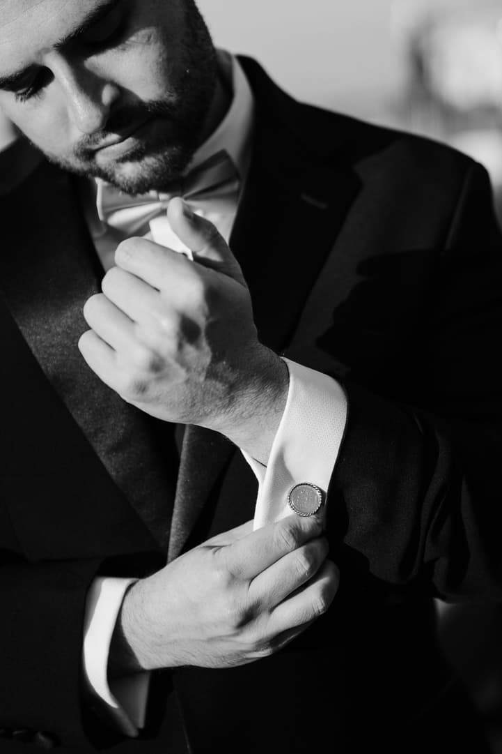Destination purple wedding elopement at Shangri-La Hotel Paris groom's preparation