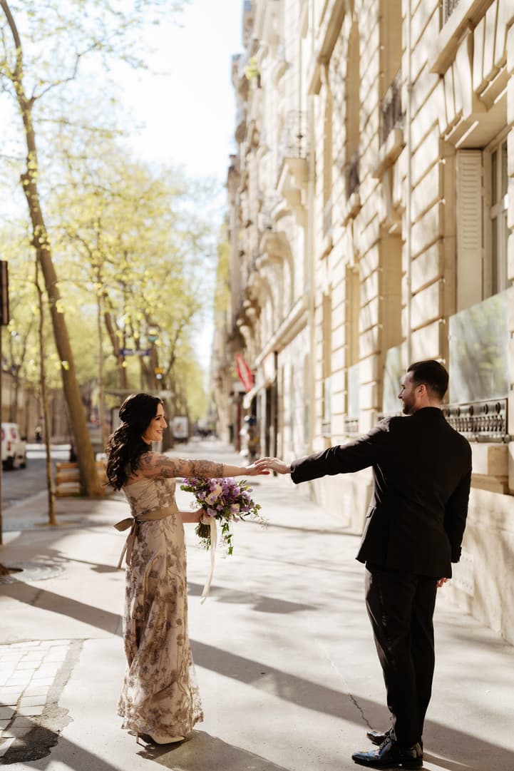 Destination Purple wedding elopement in Paris couple dancing 